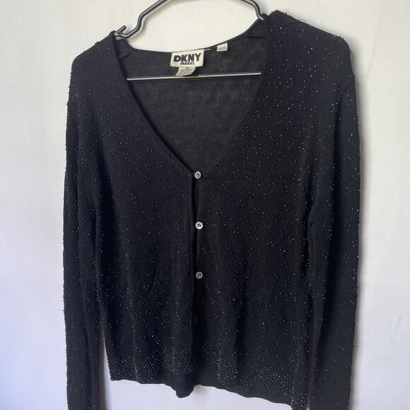 Y2K DKNY Jeans Beaded Cardigan Sweater Black Button Front Oversized M Vamp Glam - Picture 9 of 9